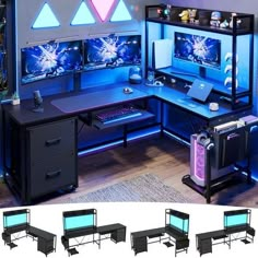 the computer desk has four monitors and two keyboards on it, all lit up with blue lights