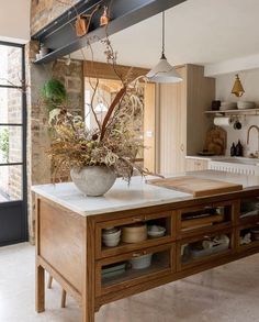 a kitchen with an island and potted plant in it