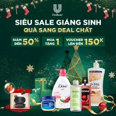 an advertisement for the christmas sale with various items on it and presents in front of them