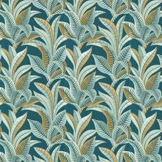 a blue and gold wallpaper with leaves on it