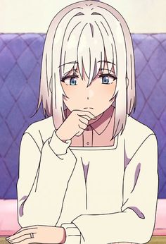 an anime character sitting down with her hand on her chin