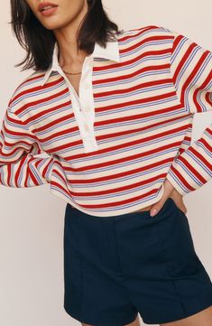 Sporty stripes enliven this boxy cropped top designed with a polished collar. Button half placket Spread collar Long sleeves 87% polyester, 12% rayon, 1% spandex Machine wash, line dry Imported Red Spring Top With Striped Collar, Red Top With Striped Collar For Spring, Striped Top With Ribbed Collar For Work, Striped Tops With Ribbed Collar For Work, Striped Collared Top With Ribbed Collar, Knit Crop Top, Cropped Top, Blue Stripes, Rugby