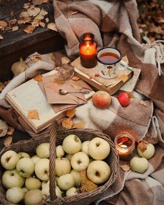 apples, candles and books on a blanket in the fall leaves with an open book