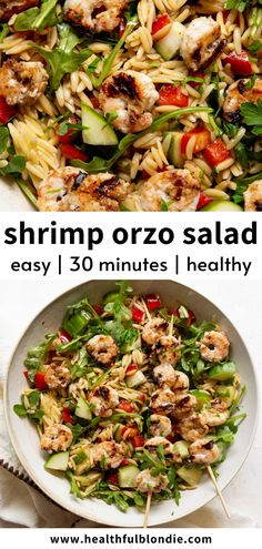 shrimp orzo salad in a white bowl with chopsticks next to it and the title overlay reads shrimp orzo salad easy 30 minutes healthy