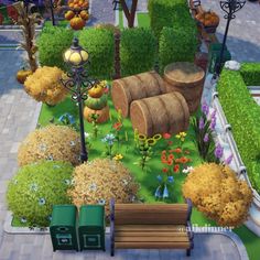 an animated park with lots of trees and flowers