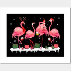 three pink flamingos are standing in front of presents on a table with christmas decorations