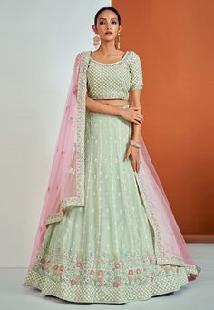 Georgette a line lehenga choli in Pista green colour 57004  Desc:  Style : A Line Lehenga Choli Color : Pista Green Fabric : Georgette Work : Embroidery   Sequence Wash Care : Dry clean Sleeve Style : Half Sleeve Long Sleeves : Done only in Custom Stitch Sleeves Lining : Done only in Custom Stitch Bust Size : 32 to 42 Inches Occasion : Wedding   Mehendi   Sangeet   Engagement   Bridesmaid   Reception   Baby Shower   Teej. With Express Free Shipping and Custom Stitching, Buy Indian Party wedding A Line Lehenga, Pista Green Colour, Designer Bridal Lehenga Choli, Bridesmaid Lehenga, Pista Green, Party Wear Lehenga Choli, Designer Bridal Lehenga, Lehenga Wedding, Green Lehenga