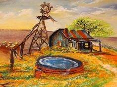 an oil painting of a windmill and a house on a hill with a hot tub in the foreground