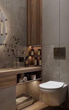 a modern bathroom with marble walls and flooring, including a toilet in the center