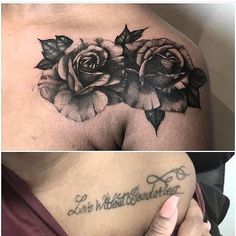 two different tattoos with roses on the chest and one has an inscription that says love is all around