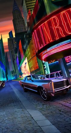 two cars driving down a city street next to tall buildings with neon signs on them