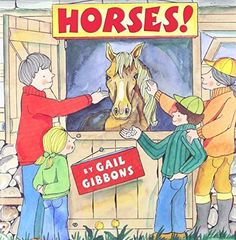 children are petting a horse in front of a stable with the words horses written on it