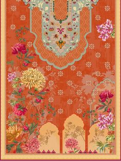 an orange and pink rug with flowers on the bottom, in front of a red background