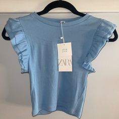 Cropped Brand New With Tag Ruffle Sleeve Zara Top, Zara Tops, Color Blue, Top Brands, Zara, Womens Tops, Crop Tops, Tags, Brand New