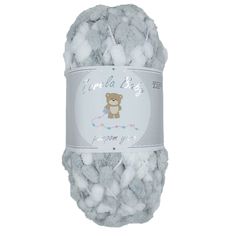 a white ball of yarn with a teddy bear on the front and bottom, in grey