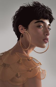 a digital painting of a woman with large hoops on her ear and wearing gold earrings