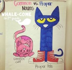 a drawing of a blue cat next to a pink cat with yellow eyes and the words common vs proper written on it