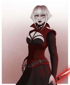 a drawing of a woman in red and black with a light saber