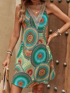 V Neck Lace Tank Dress for Casual Vacation Style – VVPIK Green Shift Mini Dress For Beach, Multicolor Patchwork Mini Dress For Vacation, Casual V-neck Patchwork Mini Dress, Multicolor Shift Mini Dress For Vacation, Casual Green Dress With Geometric Pattern, Green V-neck Printed Mini Dress, Multicolor V-neck Mini Dress With Patchwork, Green Mini Dress With Vibrant Print Casual Style, V-neck Mini Dress With Patchwork For The Beach