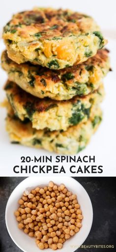 spinach and chickpea cakes are stacked on top of each other with the words,