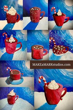 several pictures of red mugs with marshmallows and candy canes on them