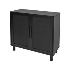 the cabinet is black and has two doors