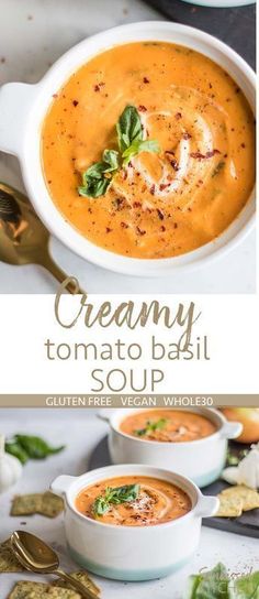 creamy tomato basil soup in a white bowl