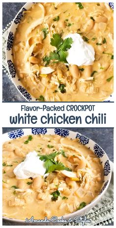 white chicken chili in a bowl with sour cream and cilantro garnish