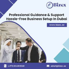 an advertisement for professional guidance and support has free business setup in dubai, with two men shaking hands