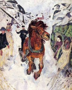 a painting of people and a horse in the snow