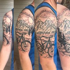 three different views of a man's half sleeve with mountain and bike tattoos on his arm