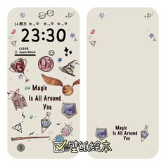 the back and front side of an iphone case with stickers on it, featuring harry potter