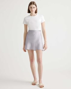 Satin Mini Skirt Outfit, Grey Lilac, Silk Mini Skirt, Silk Design, Satin Mini Skirt, Sustainable Clothing Brands, Silk Cami, Quarter Zip Sweater, Beautiful Skirts