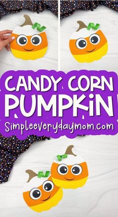 two pumpkin pillows with the words candy corn pumpkins on them, and an image of jack - o - lantern faces