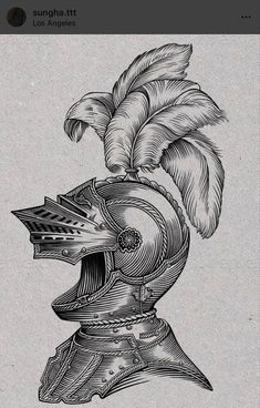 a drawing of a helmet with feathers on it