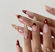 Red Gold Almond Nails, Red And Gold Nails Design, Gold Red Nails, Vintage Nails Design Retro, Red Aesthetic Nails, Red Gold Nails, Embellished Nails, Red And Gold Nails, Cute Simple Nails