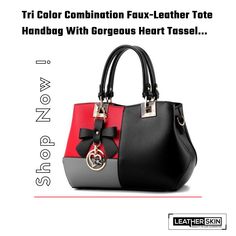 Handbags are a must-have essential for women adding style and grace to their appearance and a compliment to their outfit. This three-colored tote handbag is so spacious that you can keep whatever you want in it. The material is soft because of faux leather. The combination of red, black, and gray makes it the best to carry in the formal gatherings too. An attractive heart-shaped tassel adds a little more to its elegance and style. Faux Leather Handbag, Leather Skin, Leather Handbags Tote, Tote Handbag, Style And Grace, Color Combination, Tri Color, World Of Fashion, Tote Handbags