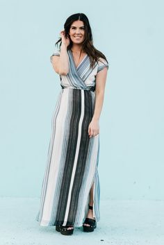 Waterfall Striped Chiffon Maxi Dress Blue Chic Blue Maxi Length Chiffon Dress, Fitted Breezy Maxi Dress With V-neck, Breezy Maxi Dress For Dress Down Occasions, Breezy Maxi Length Dress For Dress Down Occasions, Breezy Maxi Length Dress, Casual Chiffon Maxi Length Dress For Day Out, Casual Day Out Chiffon Maxi Dress, Church Weddings, Cute Accessories