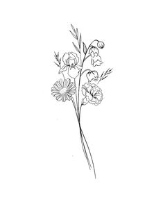 a black and white drawing of flowers on a white background