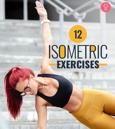 a woman with red hair is doing exercises on the steps and has her arms in the air