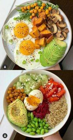 two plates filled with different types of food on top of each other, one has an egg and the other has avocado