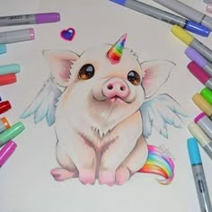 a drawing of a pig with wings and rainbows on it's face, surrounded by crayons