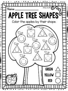 an apple tree shape and color worksheet for kids to practice shapes in the classroom