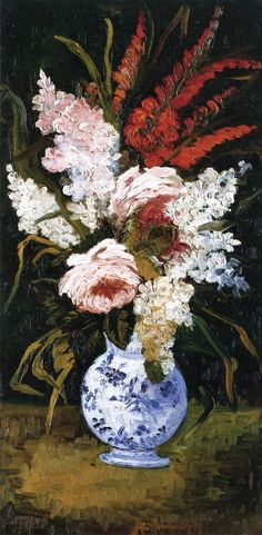 a painting of flowers in a blue and white vase