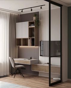 a room with a desk, chair and television on the wall next to a window