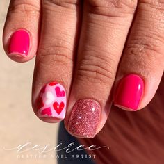 Red And Pink Glitter Nails Valentines Day, February Nails Ideas Valentines Day Pink Hearts, Valentine Nails Designs Acrylic, Shellac Valentines Nails, Valentines Builder Gel Nails, Mail Designs Valentines Day, Valentine’s Day Shellac Nails, Cute Nail Designs For Valentines Day, Cute Valentine’s Day Nails Pink