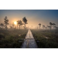 the sun is setting over a foggy field with a train track in the foreground