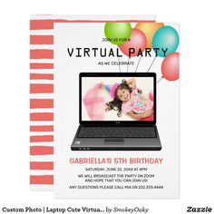 a birthday party flyer with a laptop on it's screen and balloons in the background