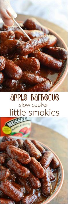 Apple Barbecue Slow Cooker Little Smokies are the perfect holiday appetizer! Mini sausages cooked in your crockpot and slathered with a mild, sweet sauce. brandambassador Mini Hotdogs In Crockpot, Quick Holiday Appetizers, Mini Hotdogs, Mini Sausages, Sauce Brand, Little Smokies, Holiday Appetizers Easy, Appetizers For Kids, Holiday Appetizers Recipes