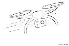 a black and white line drawing of a flying helicopter with camera on its back, viewed from above